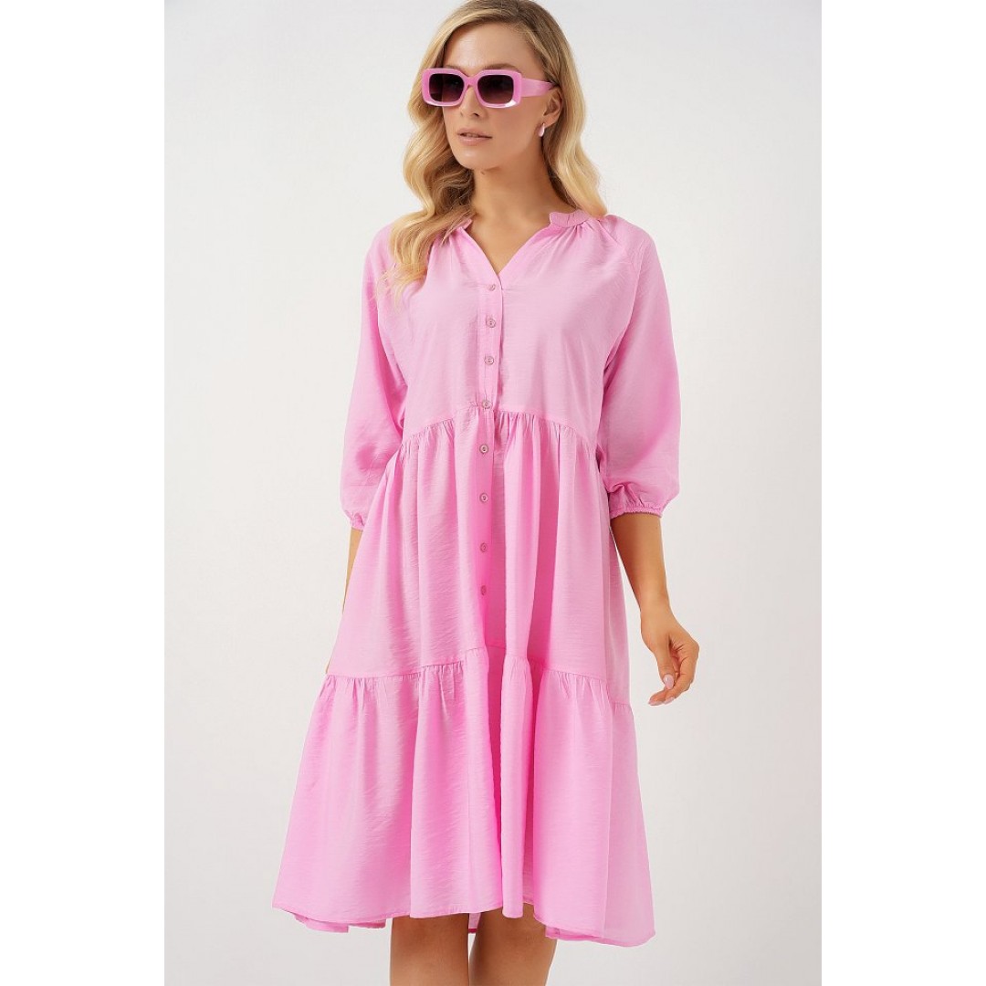 Düğmeli Kısa Kol Elbise 2559 - Pembe 163130 Düğmeli Kısa Kol Elbise 2559 - Pembe 163130