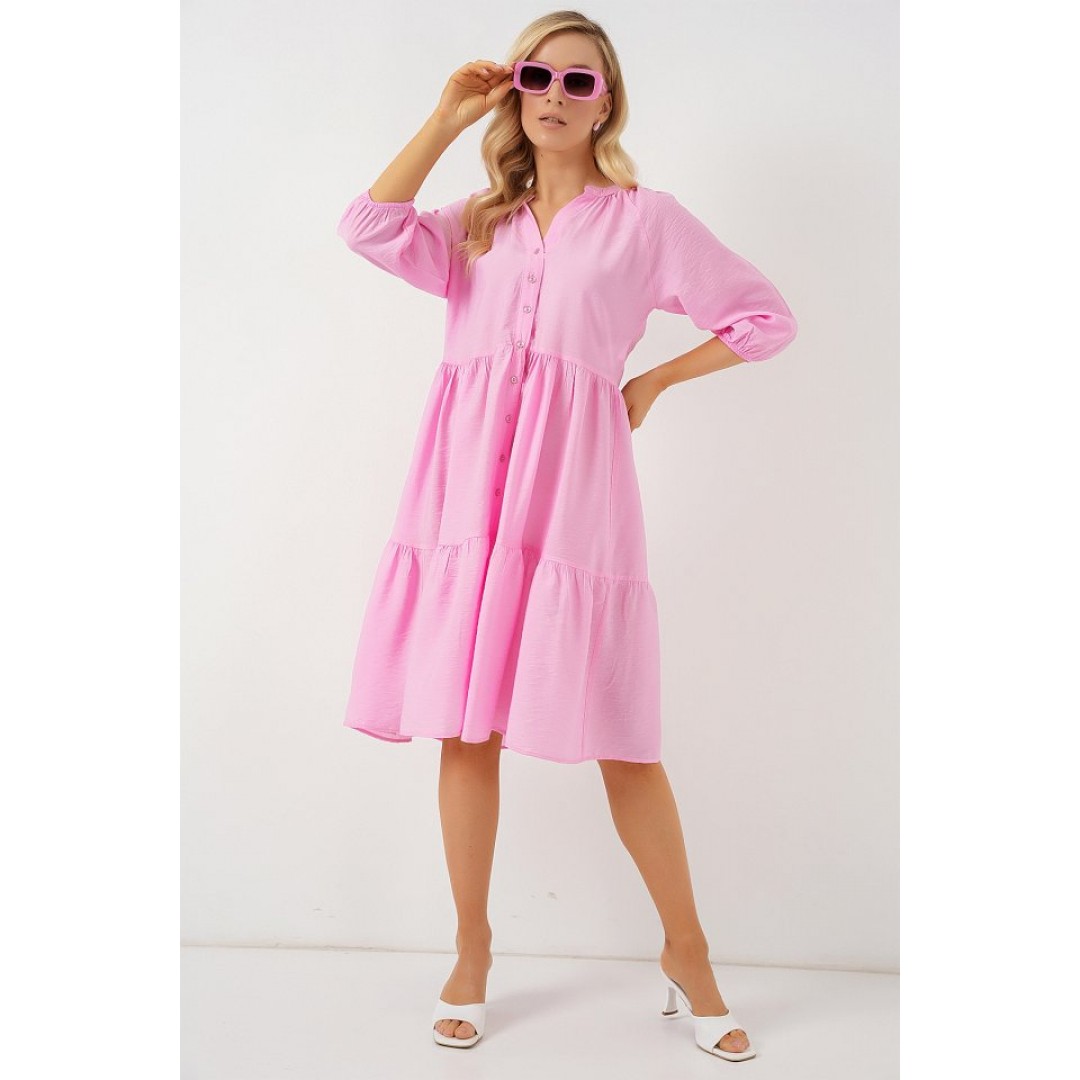 Düğmeli Kısa Kol Elbise 2559 - Pembe 163130 Düğmeli Kısa Kol Elbise 2559 - Pembe 163130