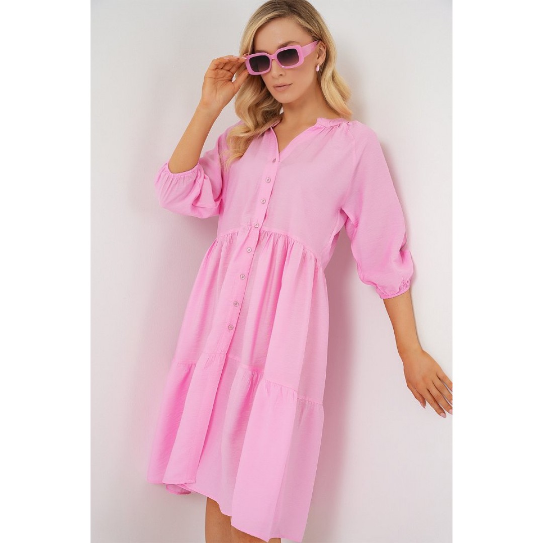 Düğmeli Kısa Kol Elbise 2559 - Pembe 163130 Düğmeli Kısa Kol Elbise 2559 - Pembe 163130