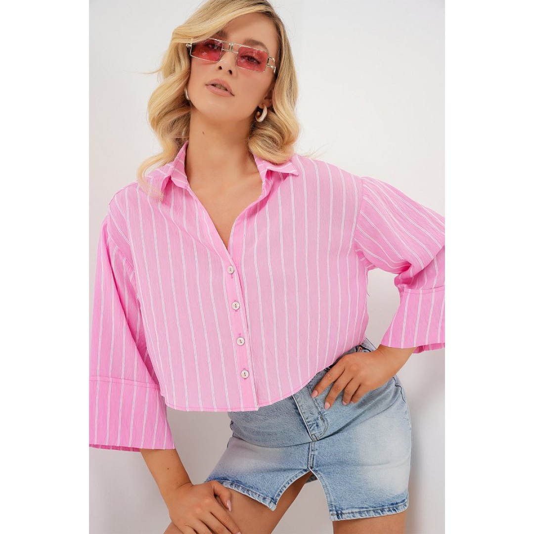 Çizgili Oversize Kısa Gömlek 20326 - Pembe 163214 Çizgili Oversize Kısa Gömlek 20326 - Pembe 163214