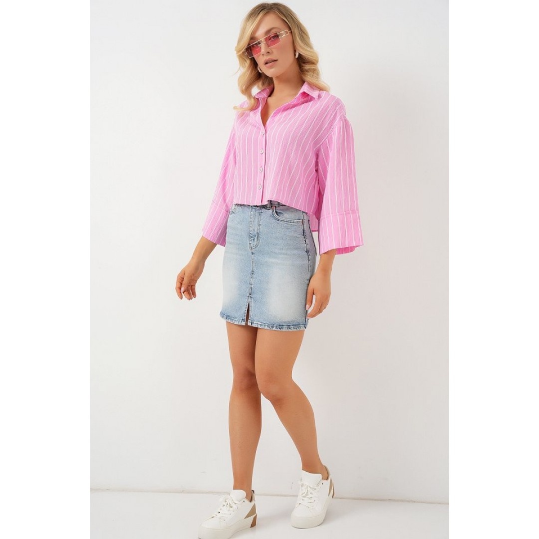 Çizgili Oversize Kısa Gömlek 20326 - Pembe 163214 Çizgili Oversize Kısa Gömlek 20326 - Pembe 163214