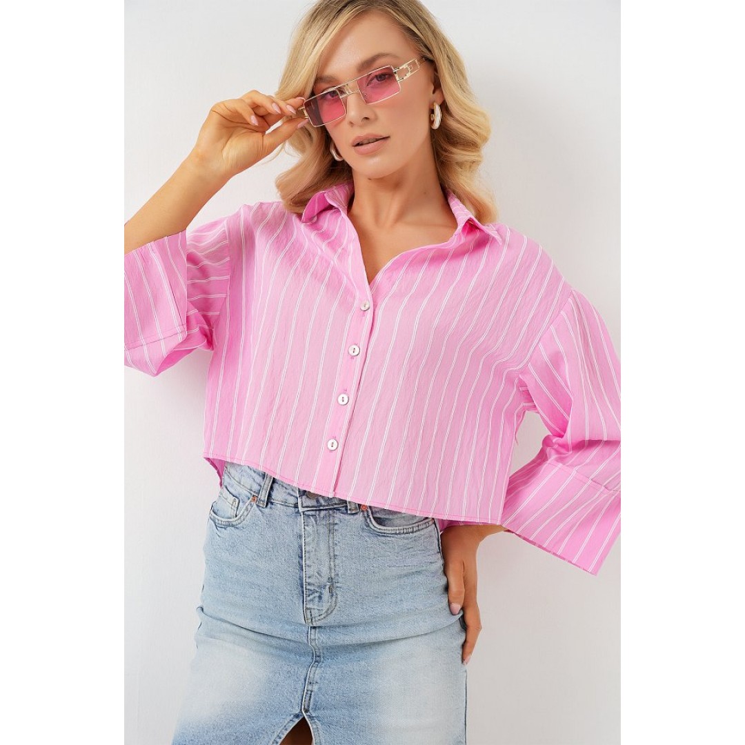 Çizgili Oversize Kısa Gömlek 20326 - Pembe 163214 Çizgili Oversize Kısa Gömlek 20326 - Pembe 163214