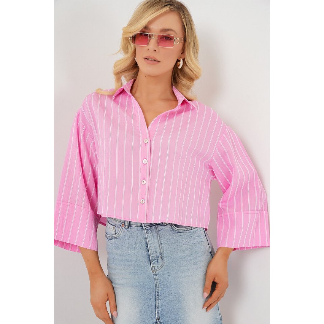 Çizgili Oversize Kısa Gömlek 20326 - Pembe 163214 Çizgili Oversize Kısa Gömlek 20326 - Pembe 163214