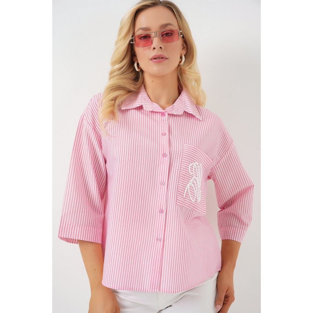 Tek Cep Nakışlı Gömlek 20328 - Pembe 163588 Tek Cep Nakışlı Gömlek 20328 - Pembe 163588