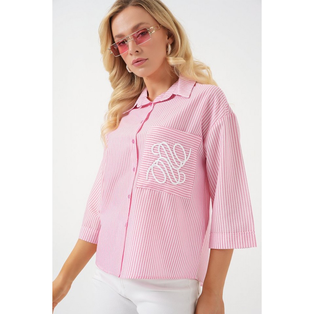 Tek Cep Nakışlı Gömlek 20328 - Pembe 163588 Tek Cep Nakışlı Gömlek 20328 - Pembe 163588
