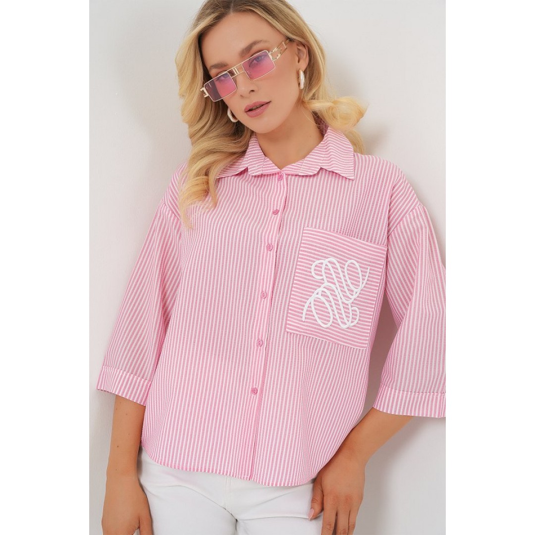 Tek Cep Nakışlı Gömlek 20328 - Pembe 163588 Tek Cep Nakışlı Gömlek 20328 - Pembe 163588