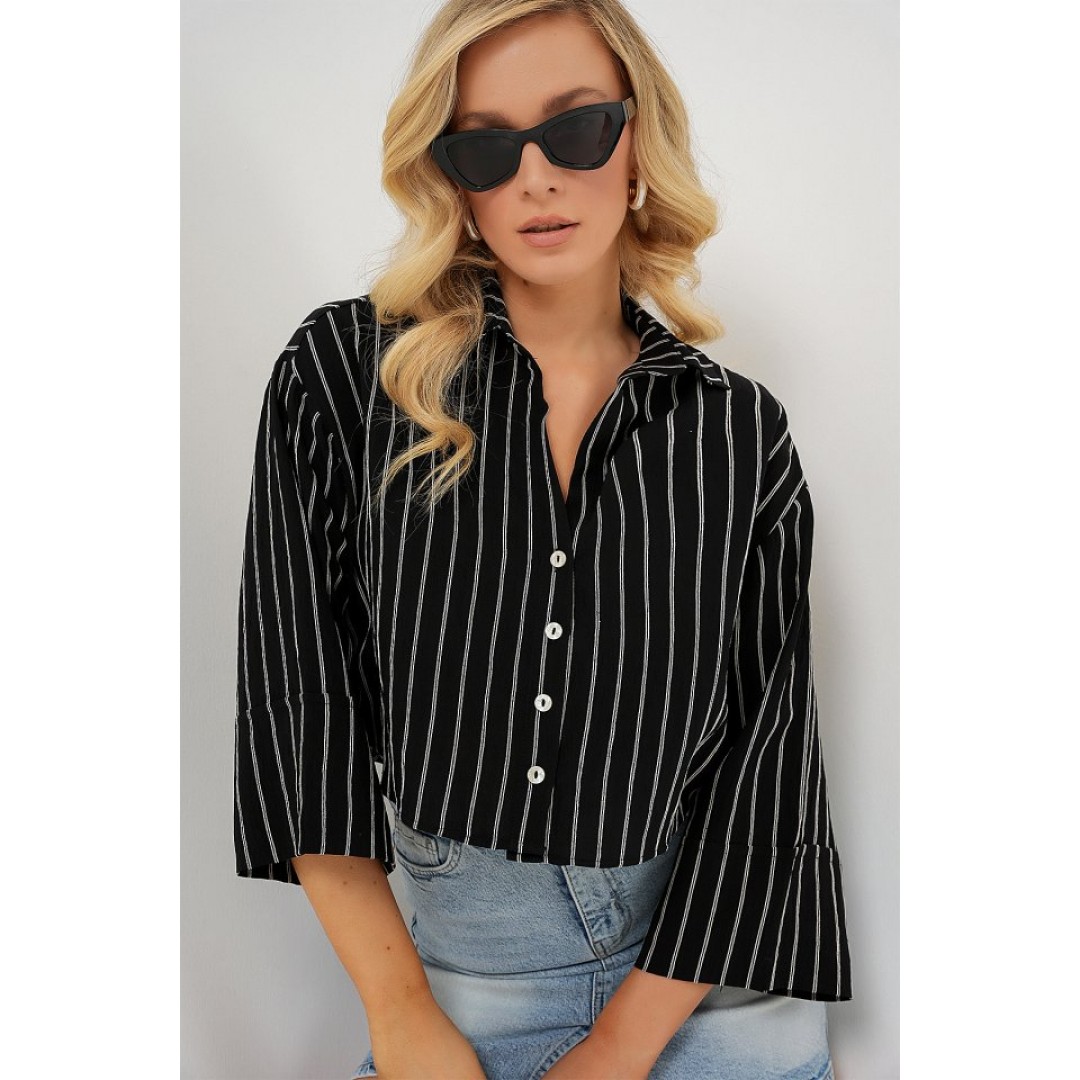 Çizgili Oversize Kısa Gömlek 20326 - Siyah 163598 Çizgili Oversize Kısa Gömlek 20326 - Siyah 163598