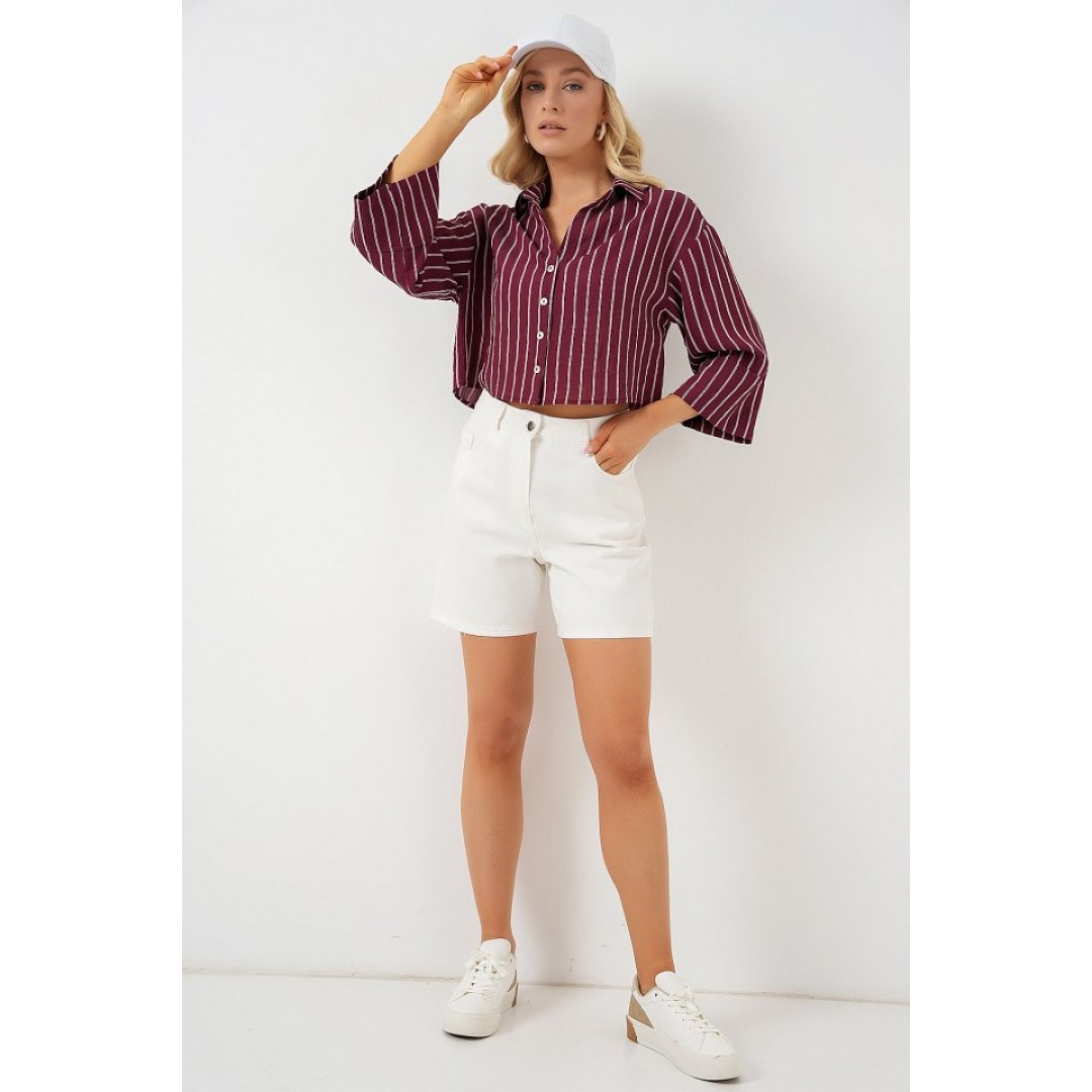 Çizgili Oversize Kısa Gömlek 20326 - Bordo 163599 Çizgili Oversize Kısa Gömlek 20326 - Bordo 163599
