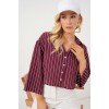 Çizgili Oversize Kısa Gömlek 20326 - Bordo 163599 Çizgili Oversize Kısa Gömlek 20326 - Bordo 163599