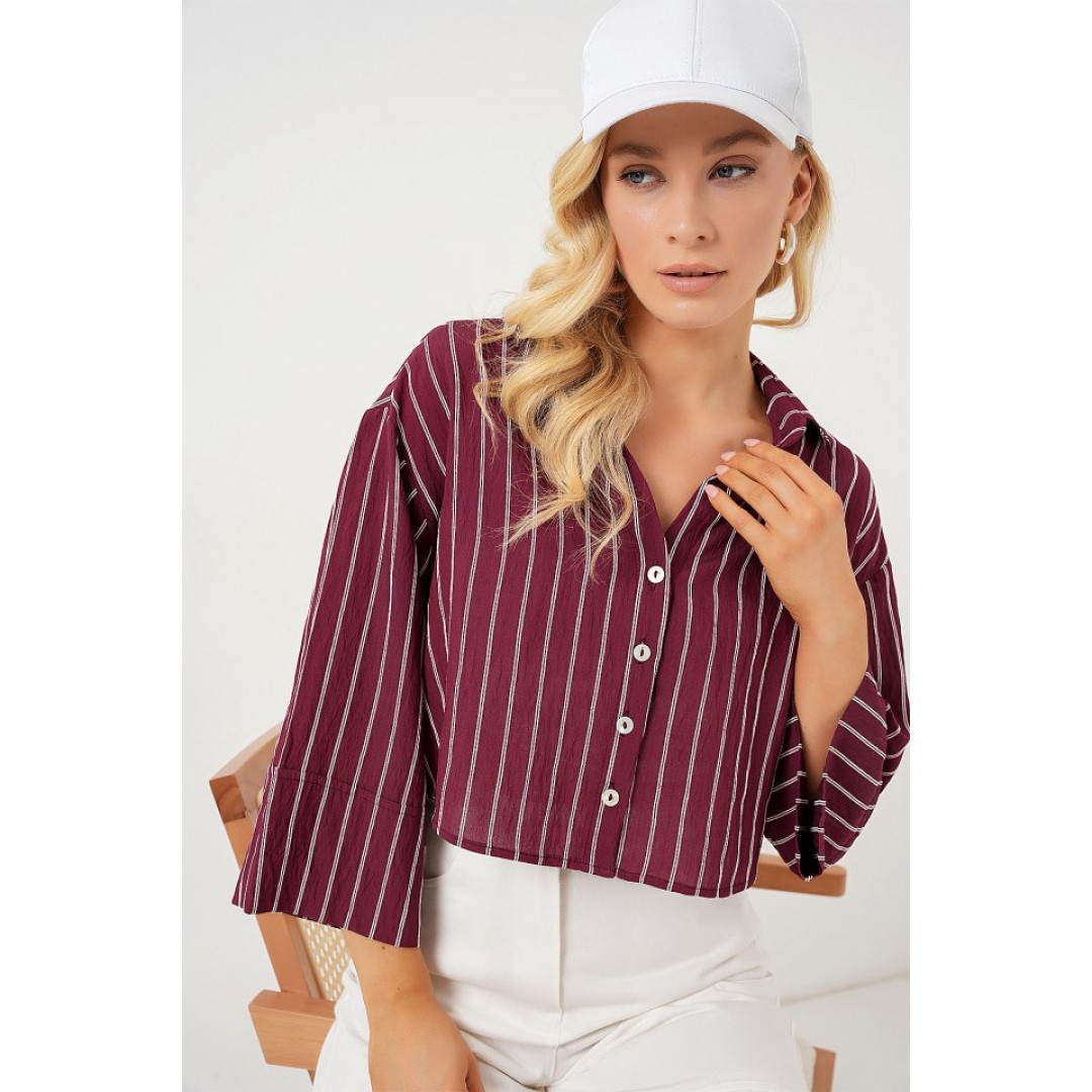 Çizgili Oversize Kısa Gömlek 20326 - Bordo 163599 Çizgili Oversize Kısa Gömlek 20326 - Bordo 163599