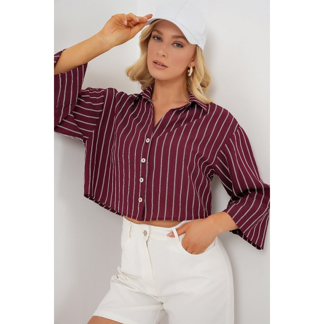 Çizgili Oversize Kısa Gömlek 20326 - Bordo 163599 Çizgili Oversize Kısa Gömlek 20326 - Bordo 163599