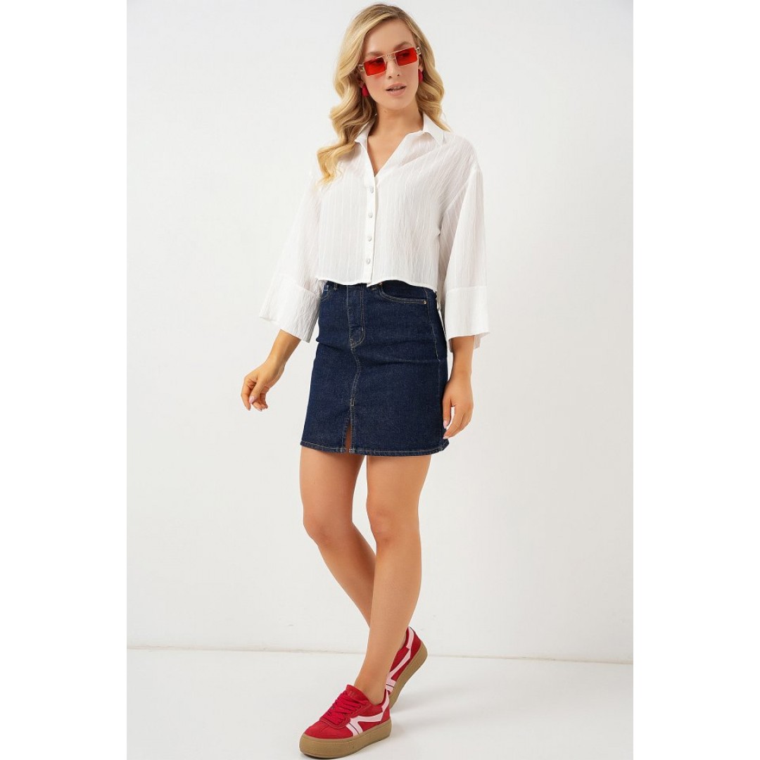 Çizgili Oversize Kısa Gömlek 20326 - Beyaz 163600 Çizgili Oversize Kısa Gömlek 20326 - Beyaz 163600