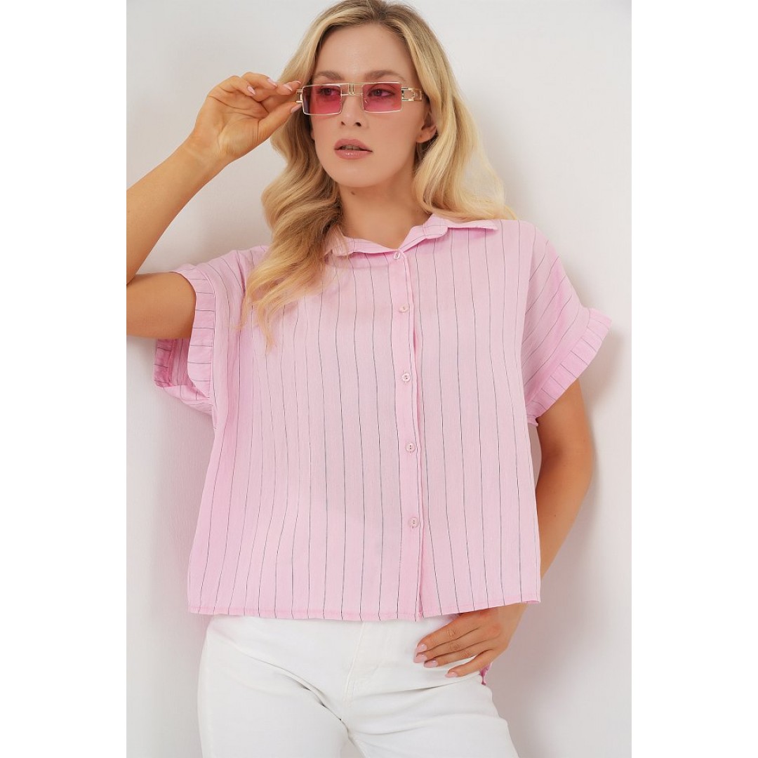 Çizgili Kısa Kol Gömlek 20327 - Pembe 163685