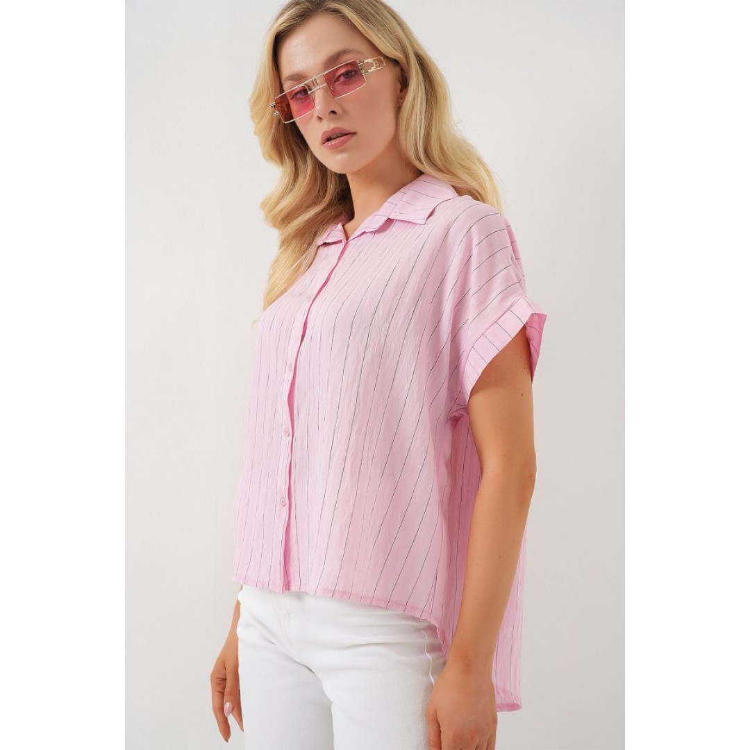 Çizgili Kısa Kol Gömlek 20327 - Pembe 163685