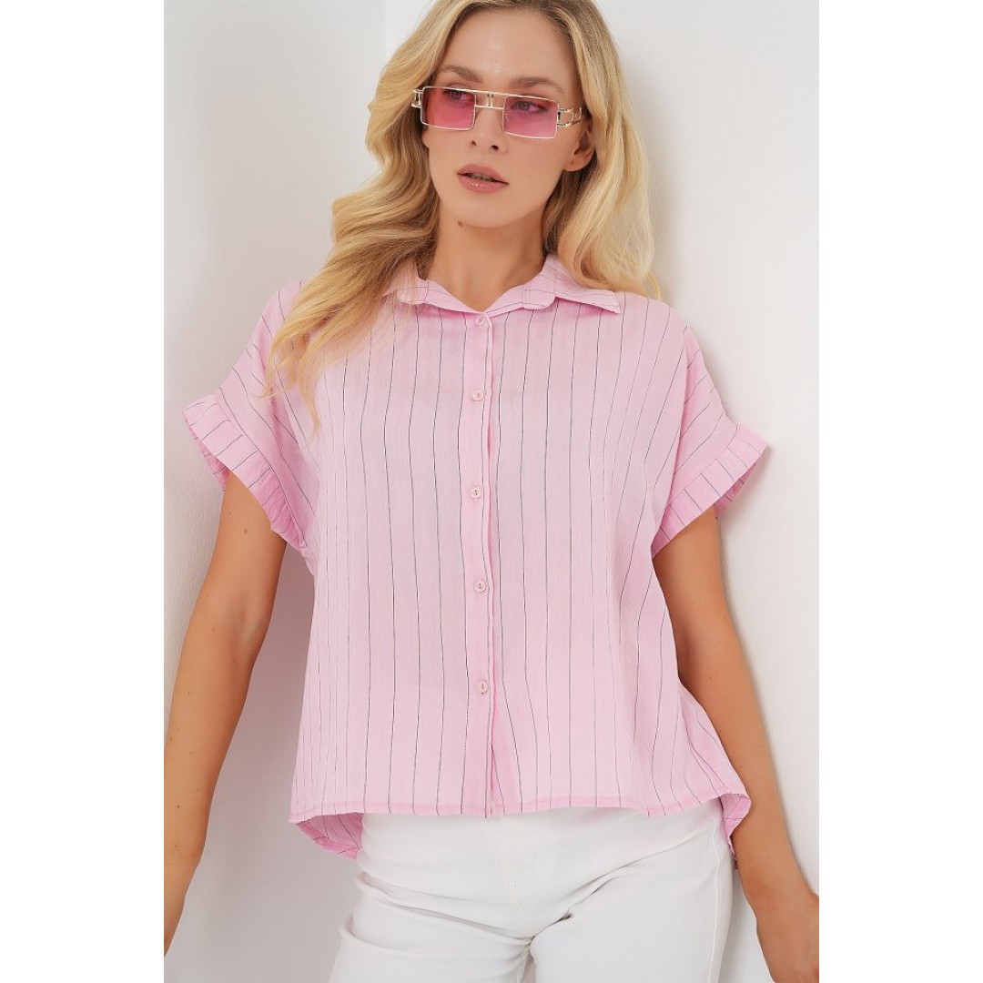 Çizgili Kısa Kol Gömlek 20327 - Pembe 163685