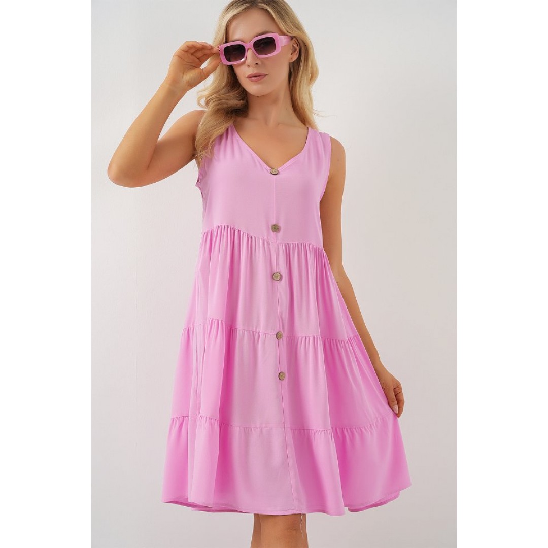 Sıfır Kol Düğmeli Kısa Elbise 2571 - Pembe 163691 Sıfır Kol Düğmeli Kısa Elbise 2571 - Pembe 163691