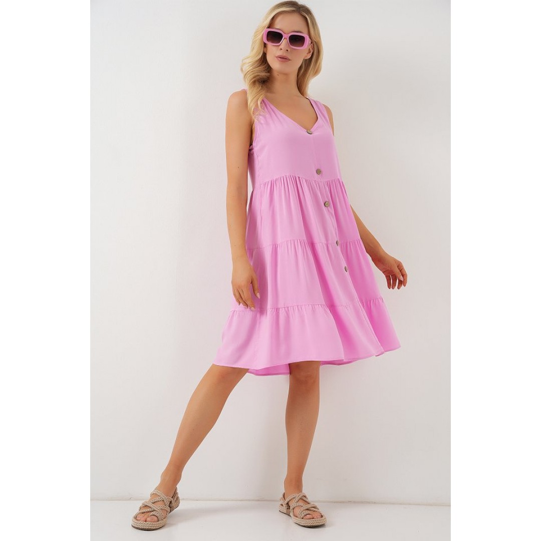 Sıfır Kol Düğmeli Kısa Elbise 2571 - Pembe 163691 Sıfır Kol Düğmeli Kısa Elbise 2571 - Pembe 163691