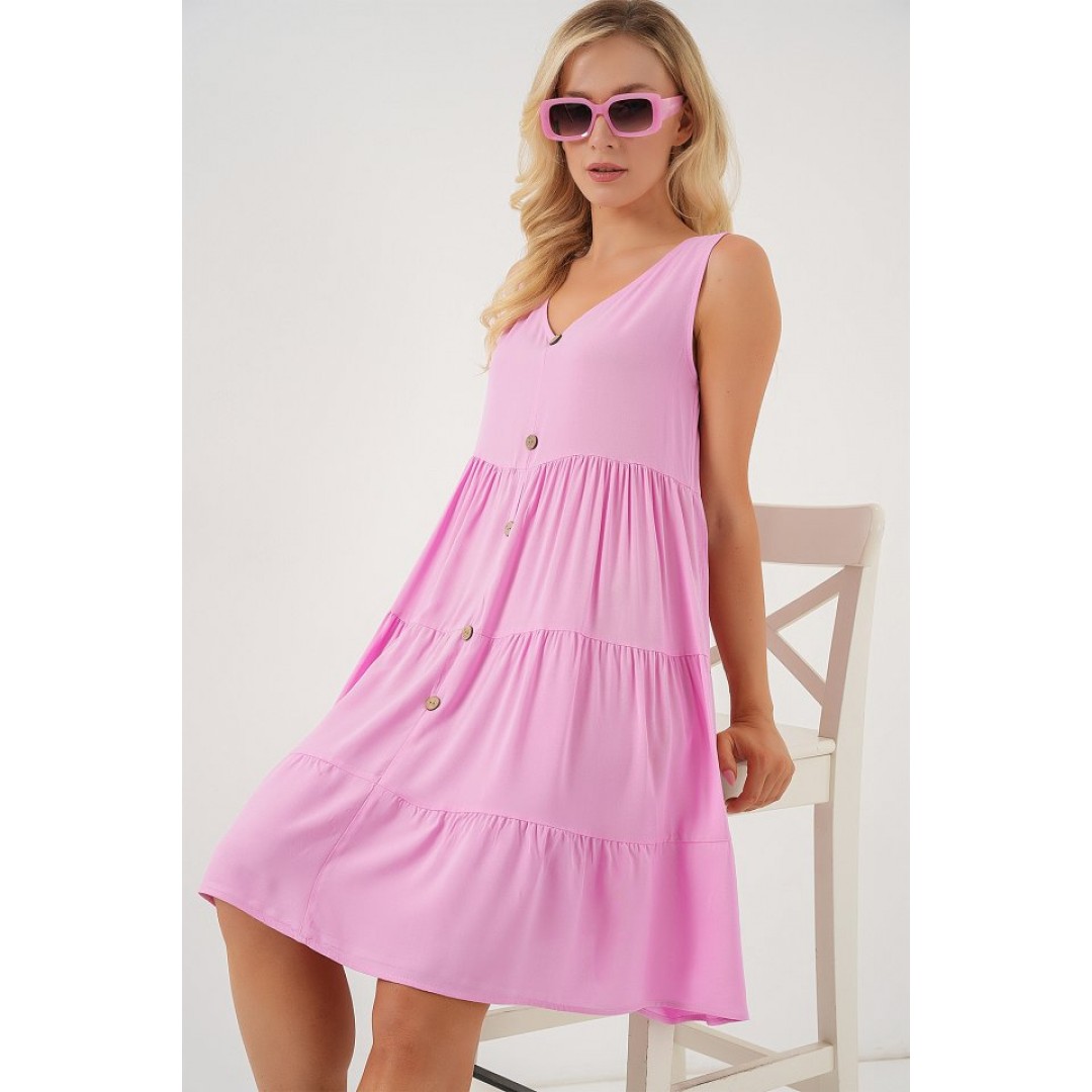 Sıfır Kol Düğmeli Kısa Elbise 2571 - Pembe 163691 Sıfır Kol Düğmeli Kısa Elbise 2571 - Pembe 163691
