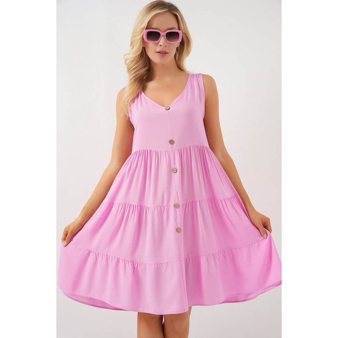 Sıfır Kol Düğmeli Kısa Elbise 2571 - Pembe 163691 Sıfır Kol Düğmeli Kısa Elbise 2571 - Pembe 163691