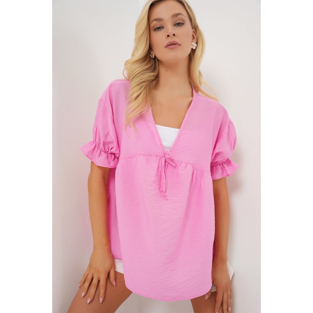 Önü Bağcıklı Kısa Kol Bluz 962 - Pembe