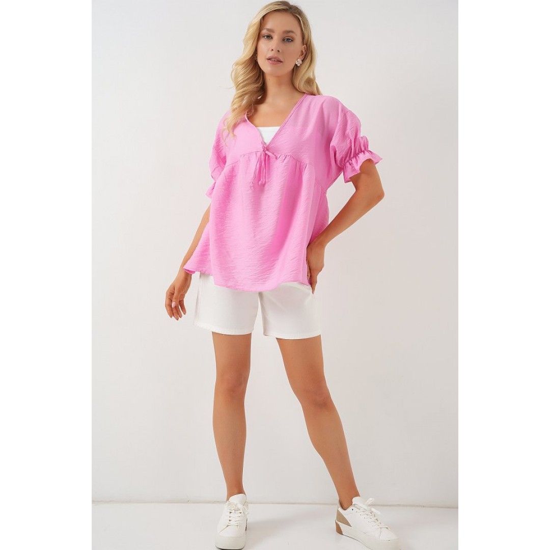 Önü Bağcıklı Kısa Kol Bluz 962 - Pembe 163695 Önü Bağcıklı Kısa Kol Bluz 962 - Pembe 163695