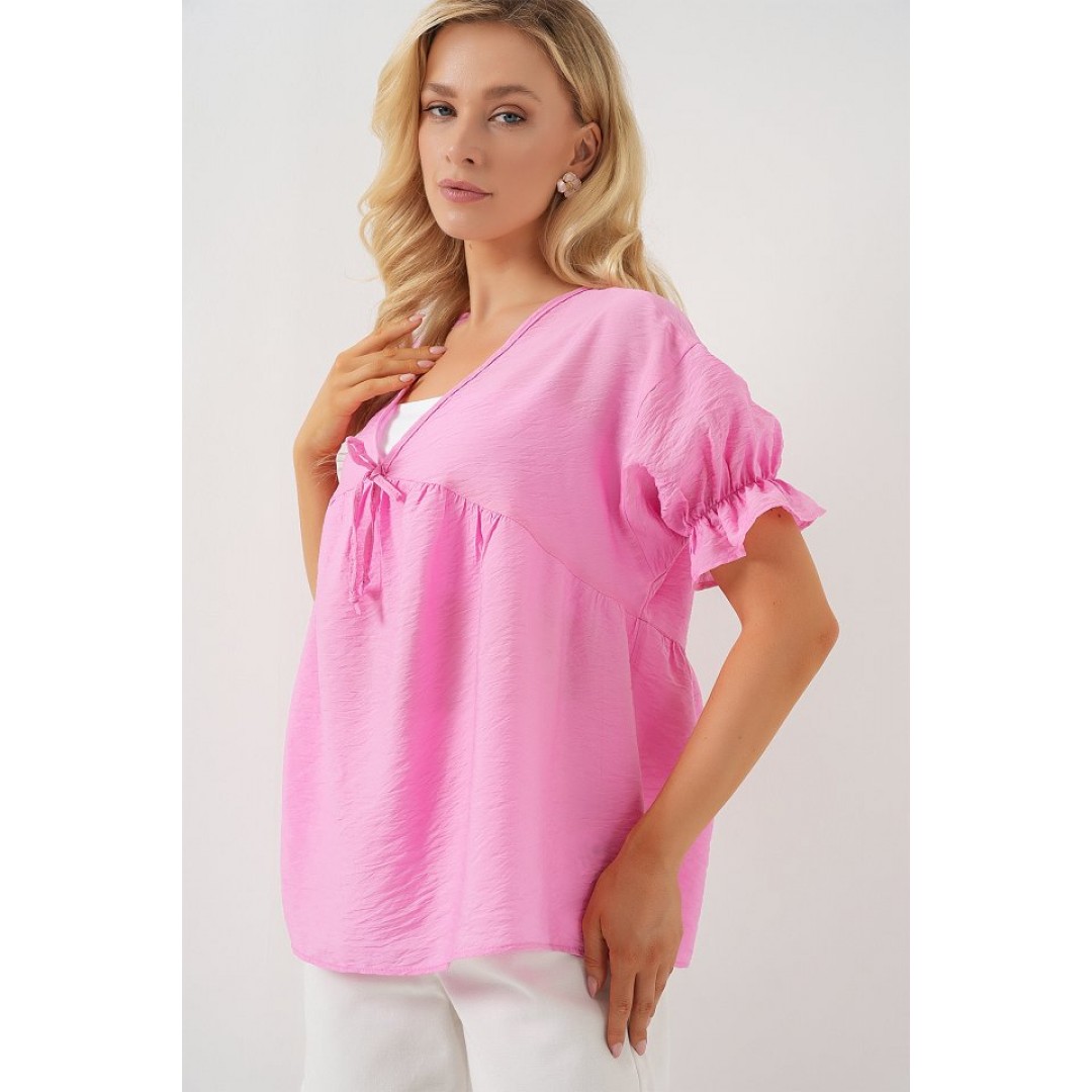 Önü Bağcıklı Kısa Kol Bluz 962 - Pembe 163695 Önü Bağcıklı Kısa Kol Bluz 962 - Pembe 163695