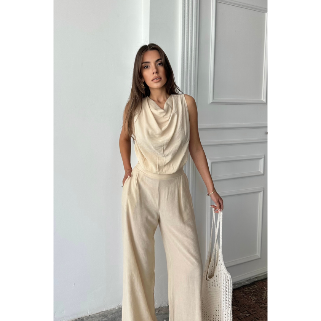 DEGAJE YAKA KOLSUZ BLUZ - PANTOLON TAKIM - Taş 163402 DEGAJE YAKA KOLSUZ BLUZ - PANTOLON TAKIM - Taş 163402