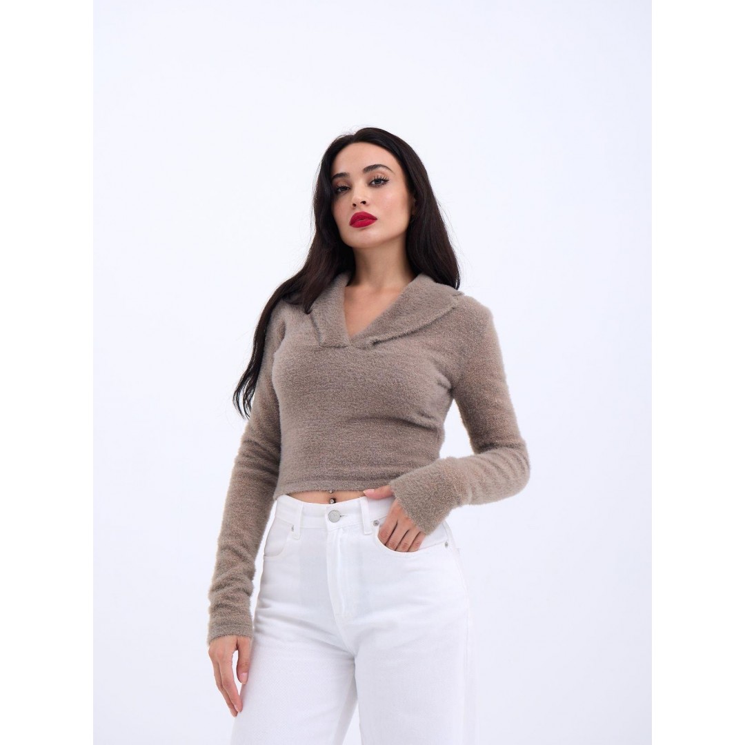 42531 TRİKO SİMLİ YAKALI CROP-KAHVE 144095
