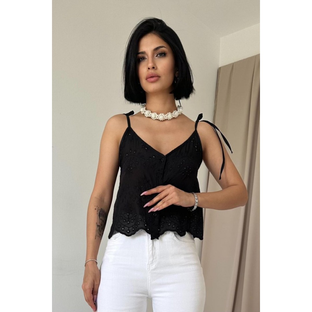 Siyah Bağcıklı Brode Bluz