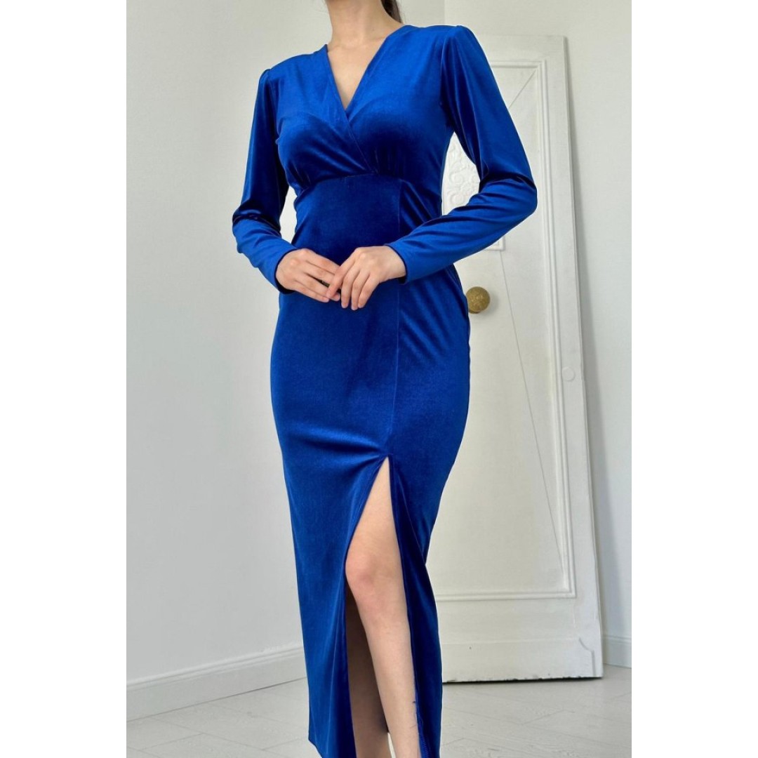 Saks Eteği Yırtmaçlı Kadife Elbise - 151724 Saks Eteği Yırtmaçlı Kadife Elbise - 151724