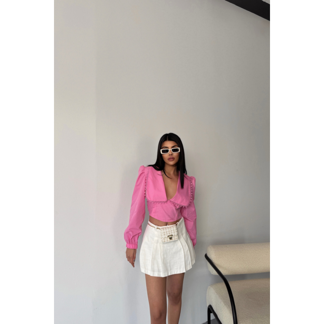 CROP POPLİN GÖMLEK YAKA KENAR DANTEL DETAYLI - Pembe 153794