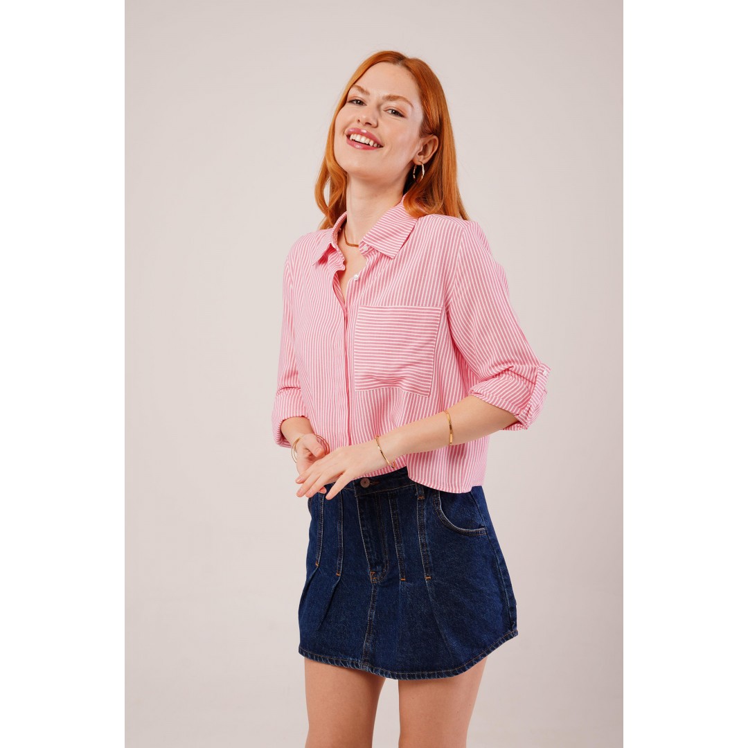 Tek Cep Çizgili Pembe Kısa Gömlek 147331 Tek Cep Çizgili Pembe Kısa Gömlek 147331