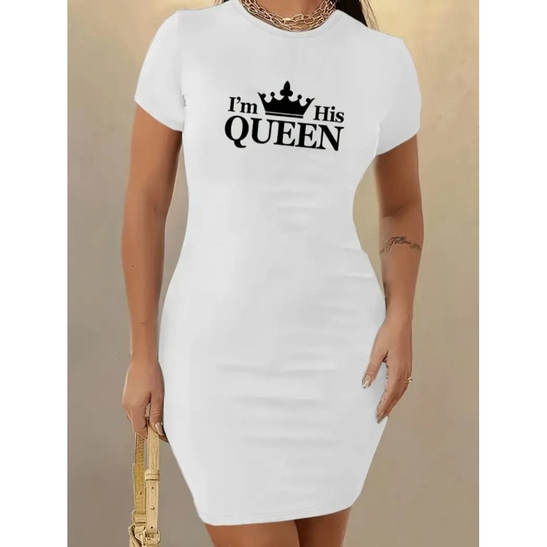 Kadın Kısa Kollu Queen Baskı Iki Iplik Mini Elbise - 162057