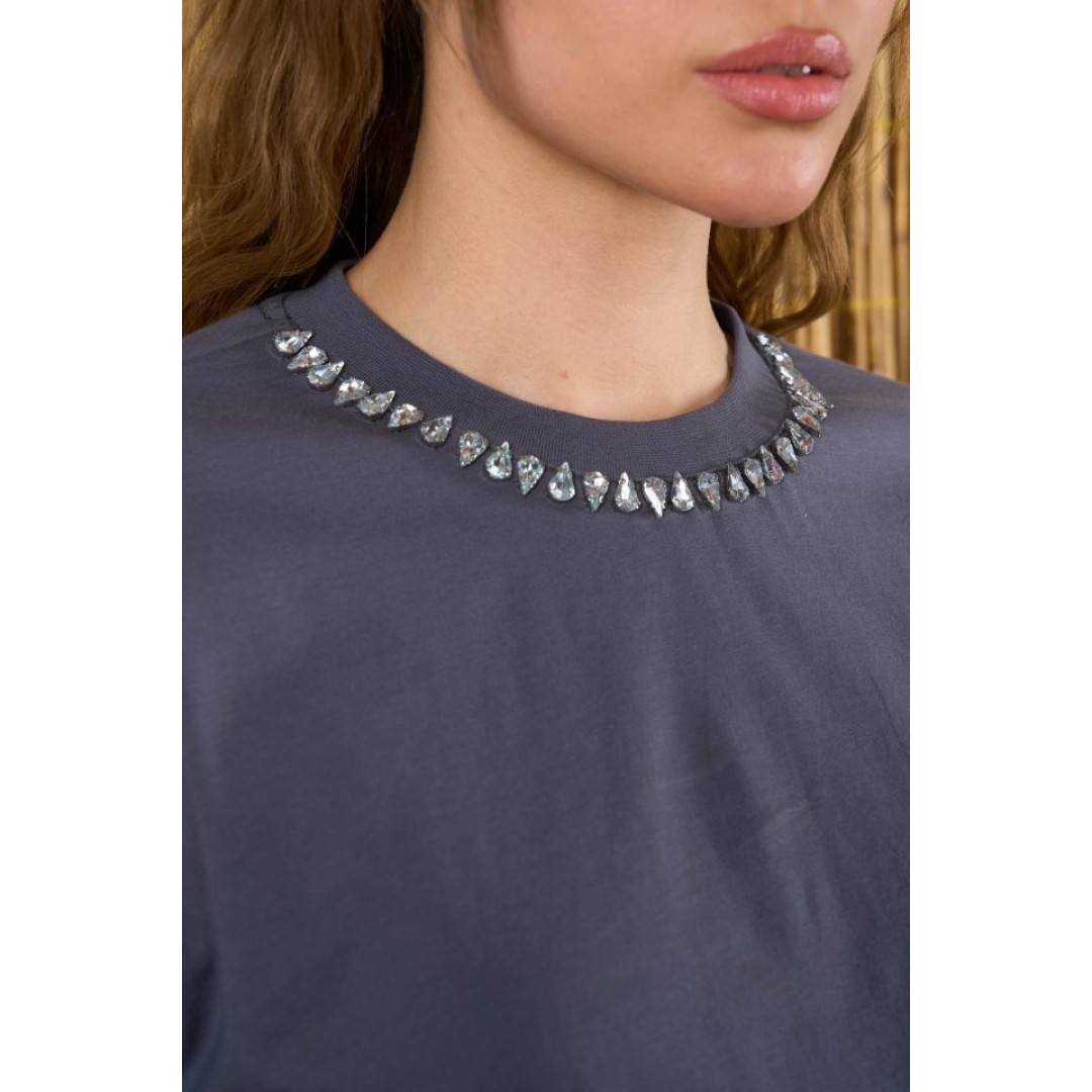 Yakası Taşlı Tshirt - Füme 149479 Yakası Taşlı Tshirt - Füme 149479