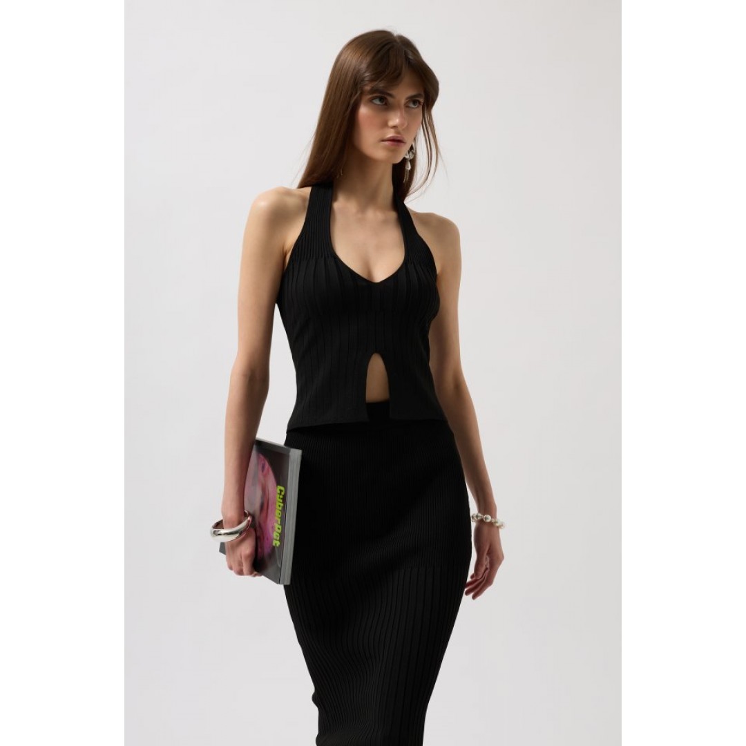 V Detay Dokulu Crop Bluz - 156009