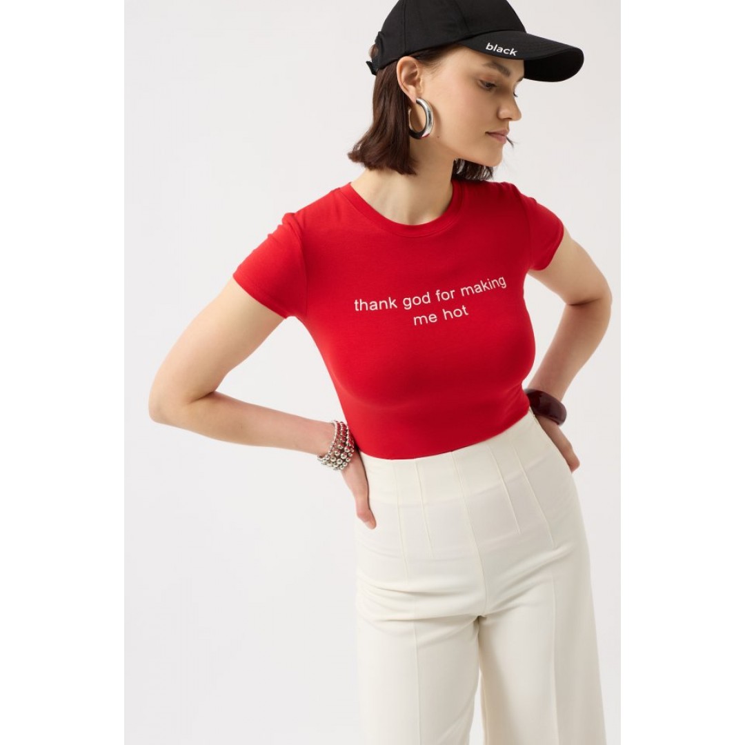 Thanks God Baskılı Likralı Crop T-Shirt