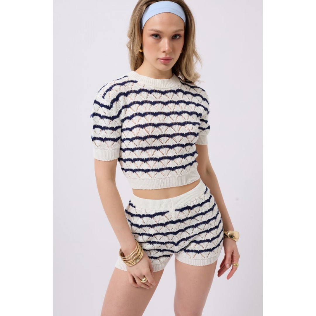 Örgü Detay Çizgili Crop Bluz