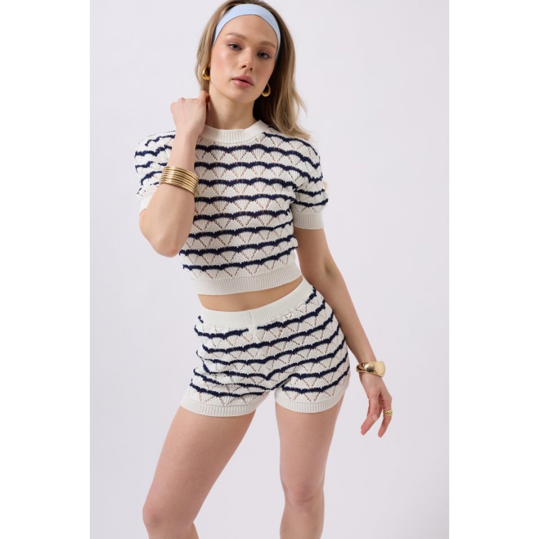 Örgü Detay Çizgili Crop Bluz 159299