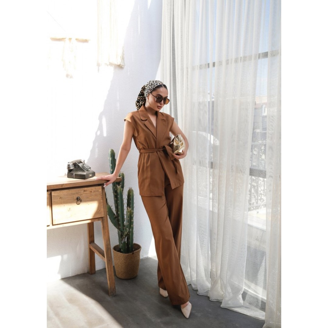 Keten Kuşakli Yelek Ve Pantolon İki̇li̇ Takim