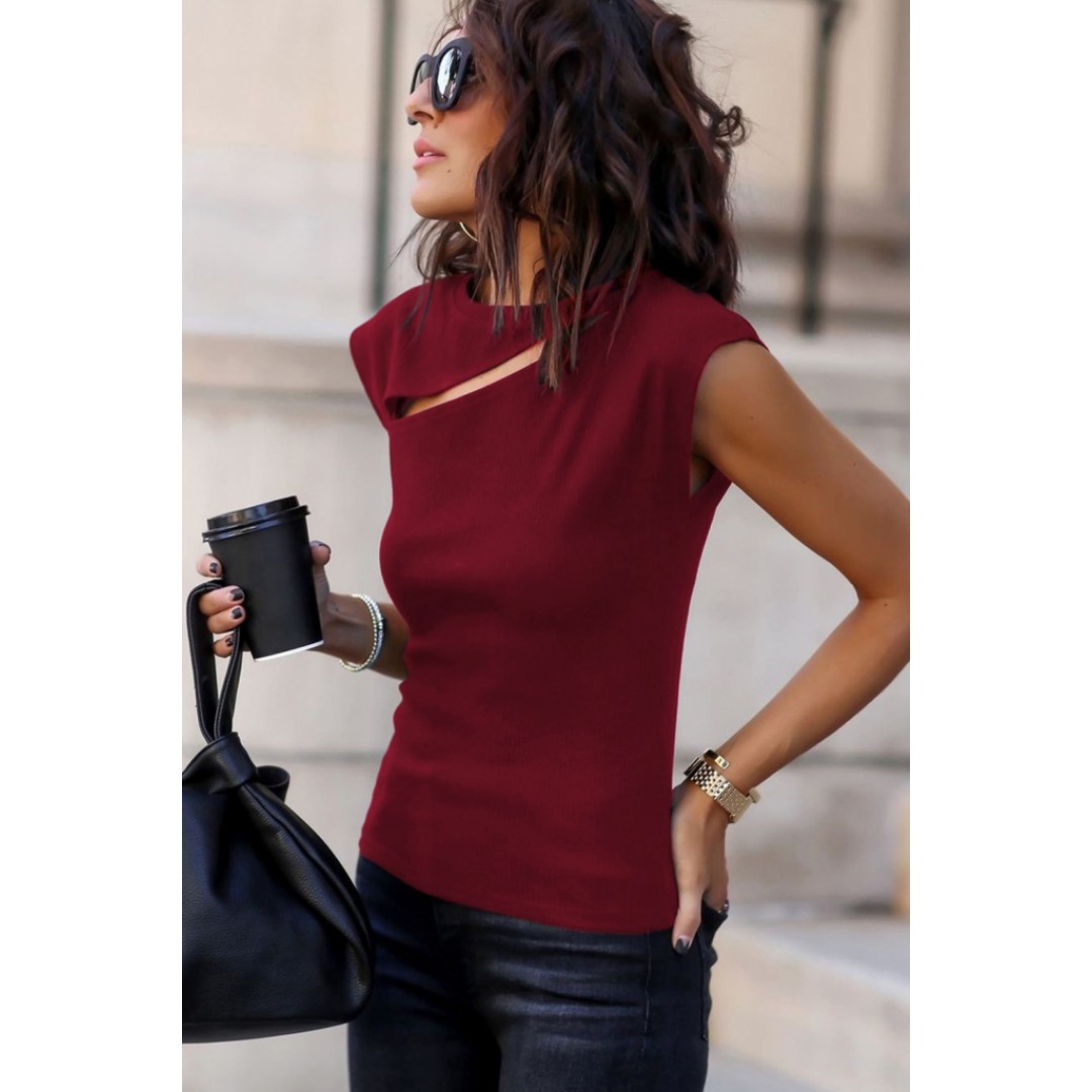 Kadın Sıfır Kol Pencere Detay Viskon T-shirt 159365