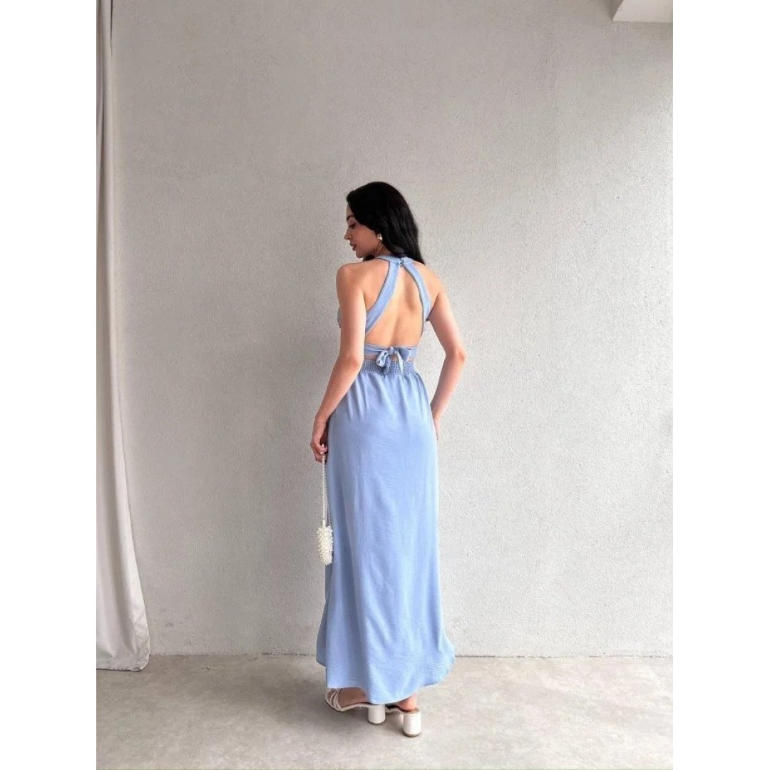 Kadın Krinkil Kumaş Beli Gipeli Halter Yaka Maxi Boy Elbise - 160439 Kadın Krinkil Kumaş Beli Gipeli Halter Yaka Maxi Boy Elbise - 160439