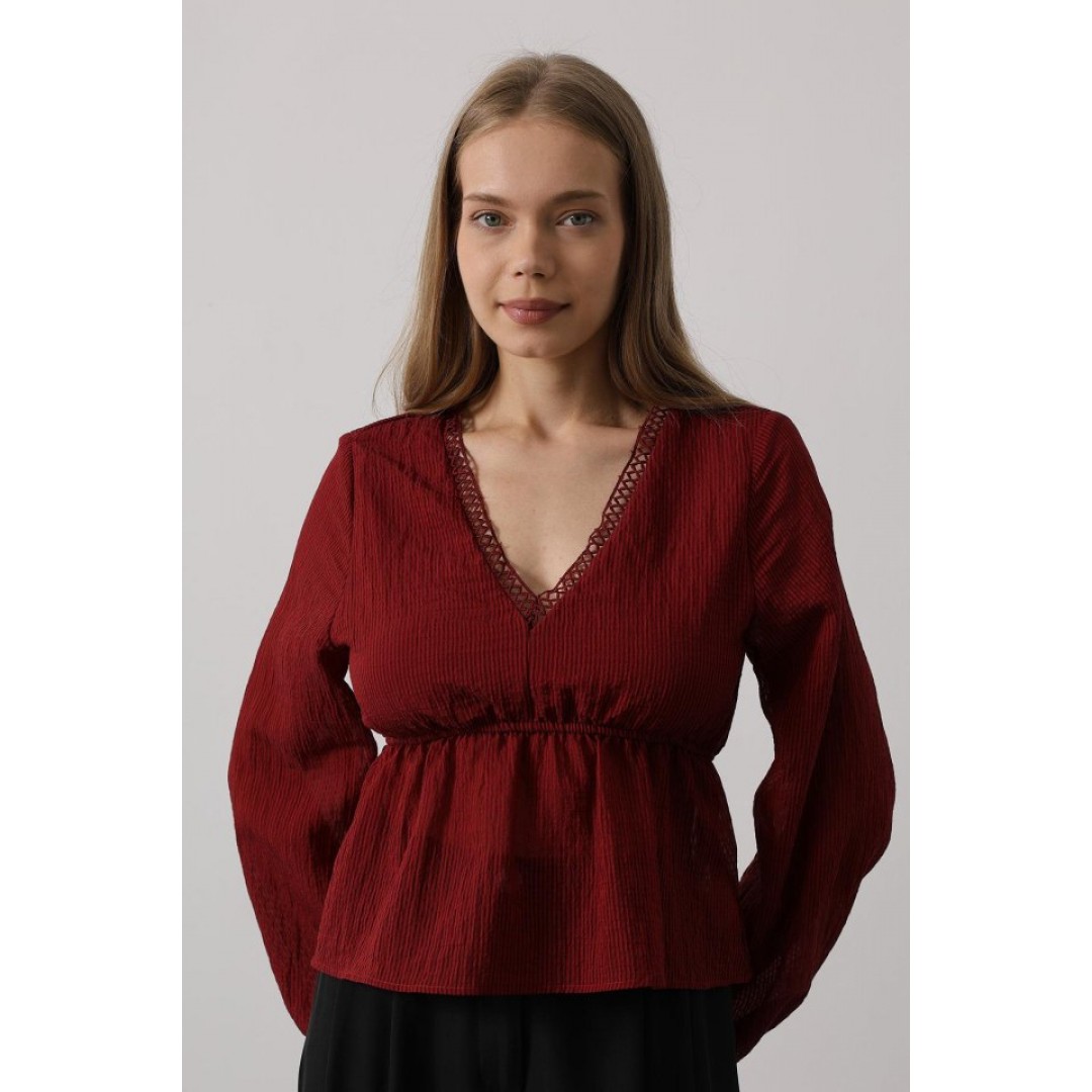 V Yaka Dantelli Bluz - Bordo 162845 V Yaka Dantelli Bluz - Bordo 162845