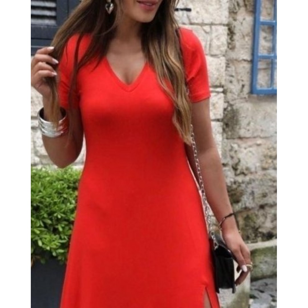 Kadın Kısa Kollu V Yaka Maxi Boy Elbise 124 Cm - 54826 Kadın Kısa Kollu V Yaka Maxi Boy Elbise 124 Cm - 54826