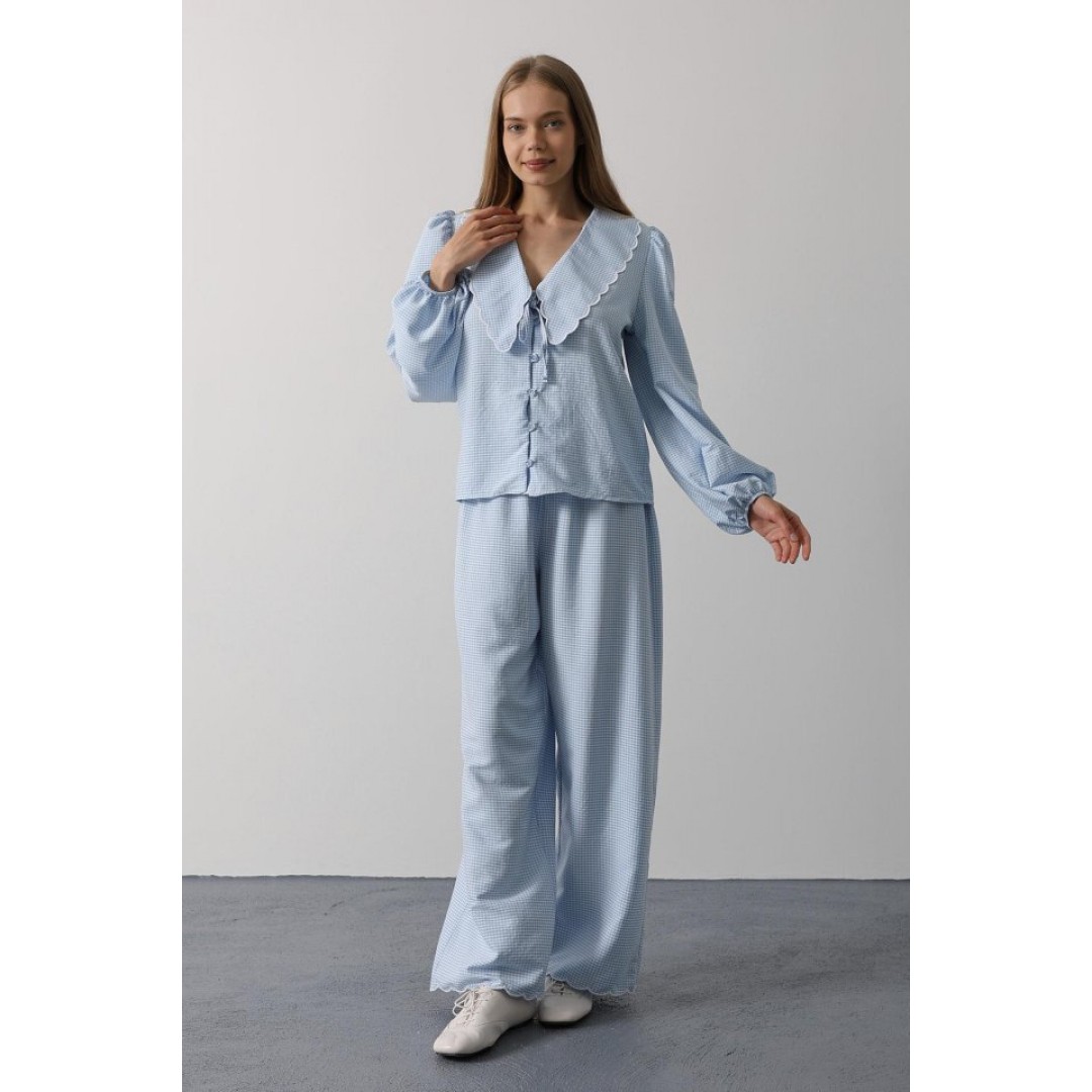 İşlemeli Bebe Yakalı Pantolon Takım - Bebe Mavisi 162860 İşlemeli Bebe Yakalı Pantolon Takım - Bebe Mavisi 162860