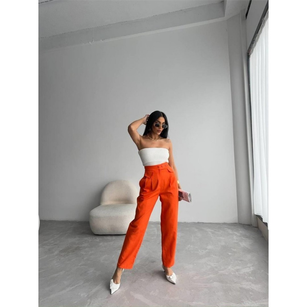 PANTOLON KAPALI CEP 3 DÜĞME DETAYLI - Orange