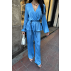 SATEN KRUVAZE BAĞLAMALI BLUZ- PANTOLON TAKIM - Mavi - 153593 SATEN KRUVAZE BAĞLAMALI BLUZ- PANTOLON TAKIM - Mavi - 153593
