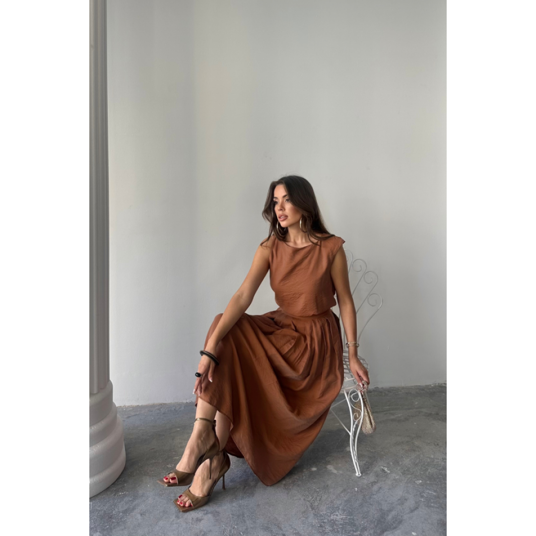KETEN KOLSUZ BLUZ - MAXİ ETEK TAKIM - Kahverengi 161852 KETEN KOLSUZ BLUZ - MAXİ ETEK TAKIM - Kahverengi 161852