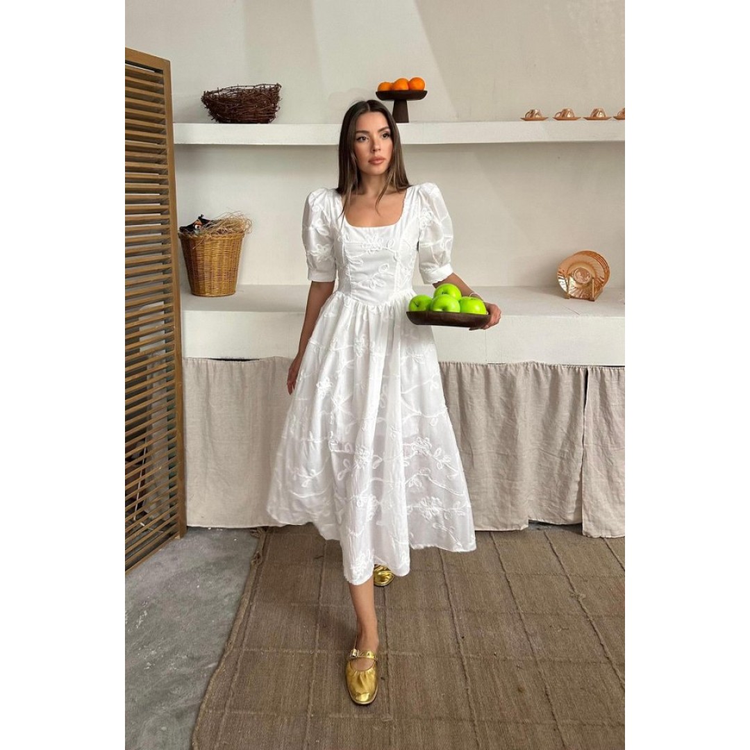 Beyaz Balon Kollu Brode Elbise - 158267 Beyaz Balon Kollu Brode Elbise - 158267