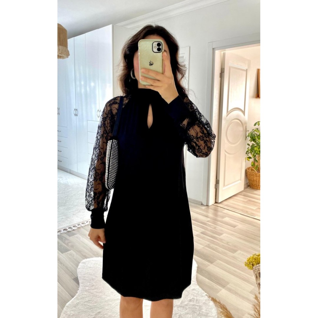 Kadın Uzun Kollu Tül Detay Sandy Mini Boy Elbise - 132965 Kadın Uzun Kollu Tül Detay Sandy Mini Boy Elbise - 132965