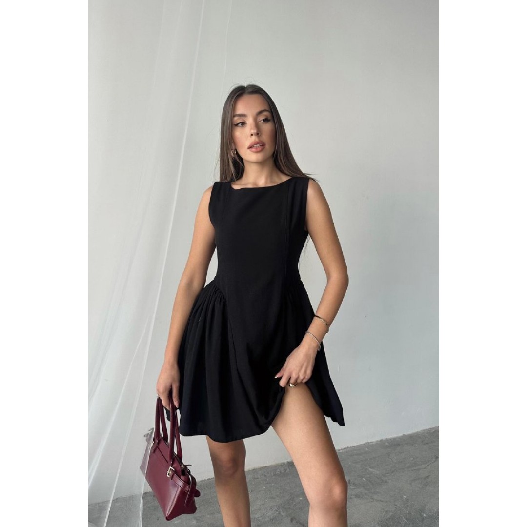 Siyah Mini Boy Büzgülü Keten Elbise 160627 Siyah Mini Boy Büzgülü Keten Elbise 160627